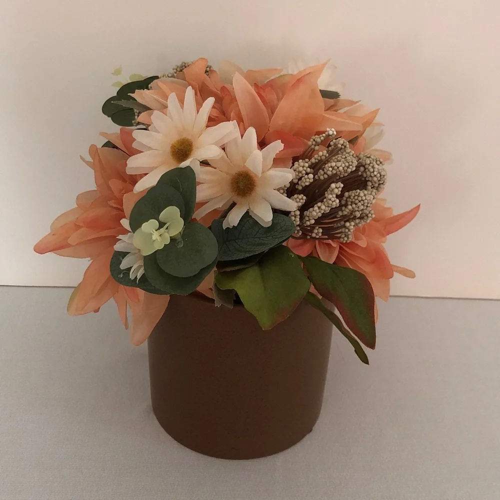 Peach & White Floral Arrangement in Brown Vase
